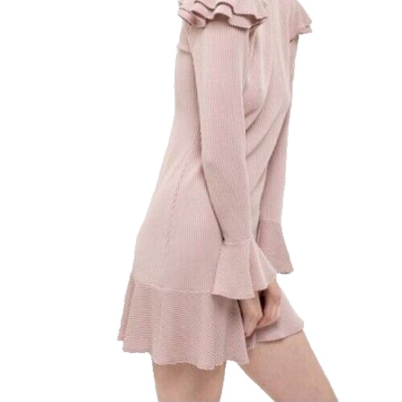 Blu Pepper Rib Knit Sheath Ruffle Mini Dress Junior Size Medium Pink Long Sleeve - Picture 2 of 4